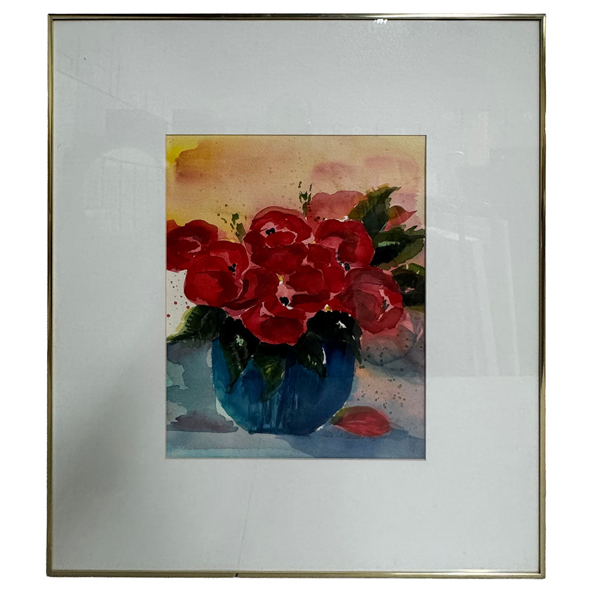 Watercolor Still Life Painting,  Red Floral in Blue Vase