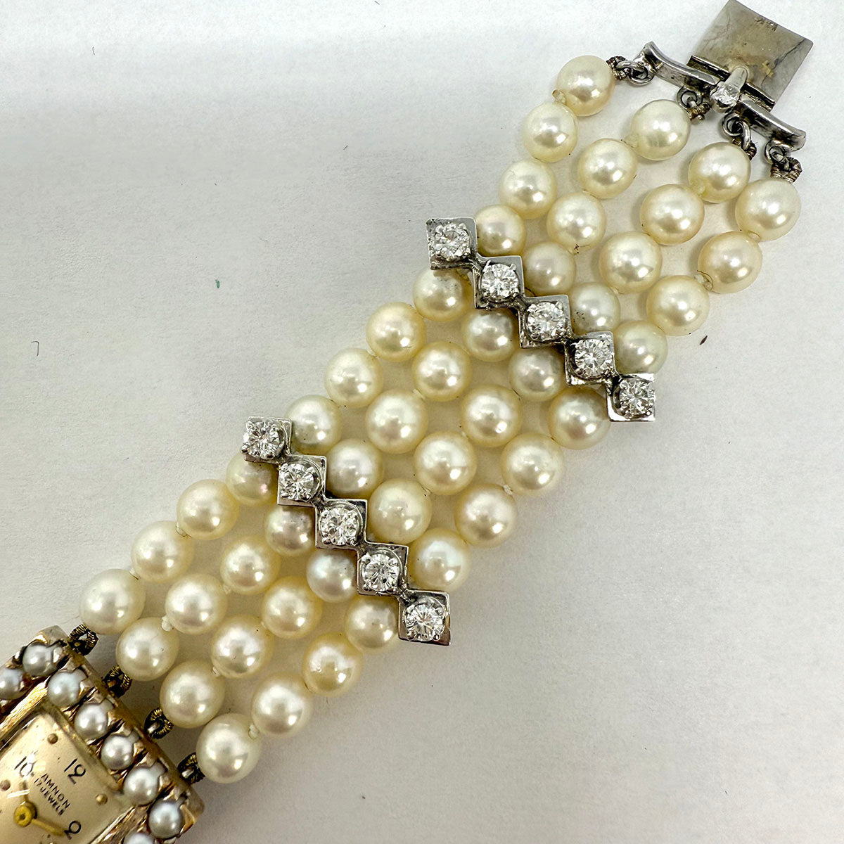 Amnon 17 Jewel Watch with 4 Strand Pearl Strap and Diamonds