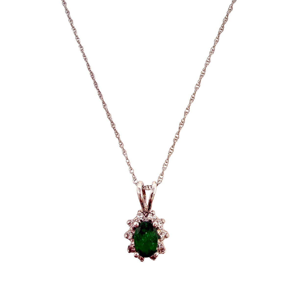14K White Gold Necklace with Emerald and Diamond Pendant