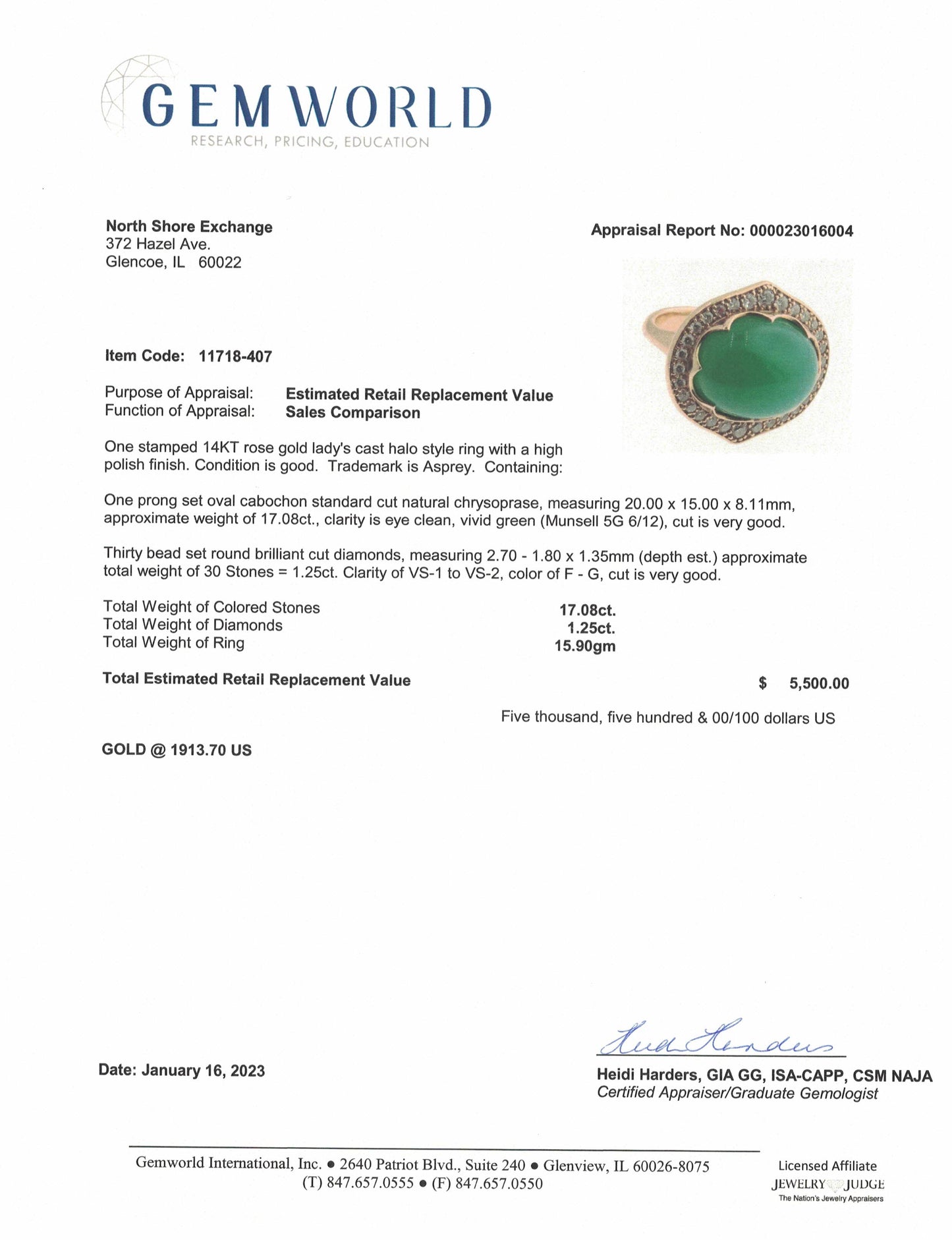 Aspery 14K Rose Gold Gold Ring with Chrysoprase and Diamonds