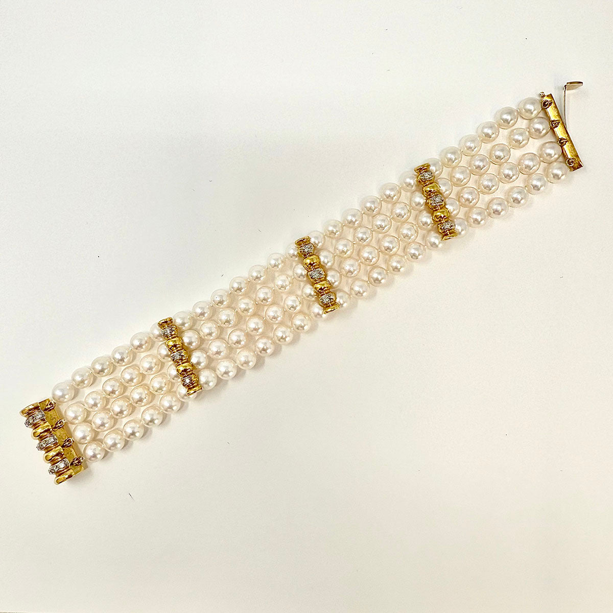 4 Strand Pearl Bracelet with Diamonds and 3 Diamond Bar Divider Bars