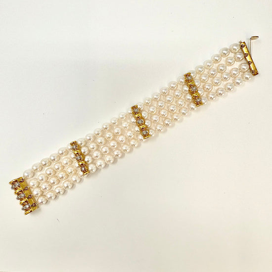 4 Strand Pearl Bracelet with Diamonds and 3 Diamond Bar Divider Bars