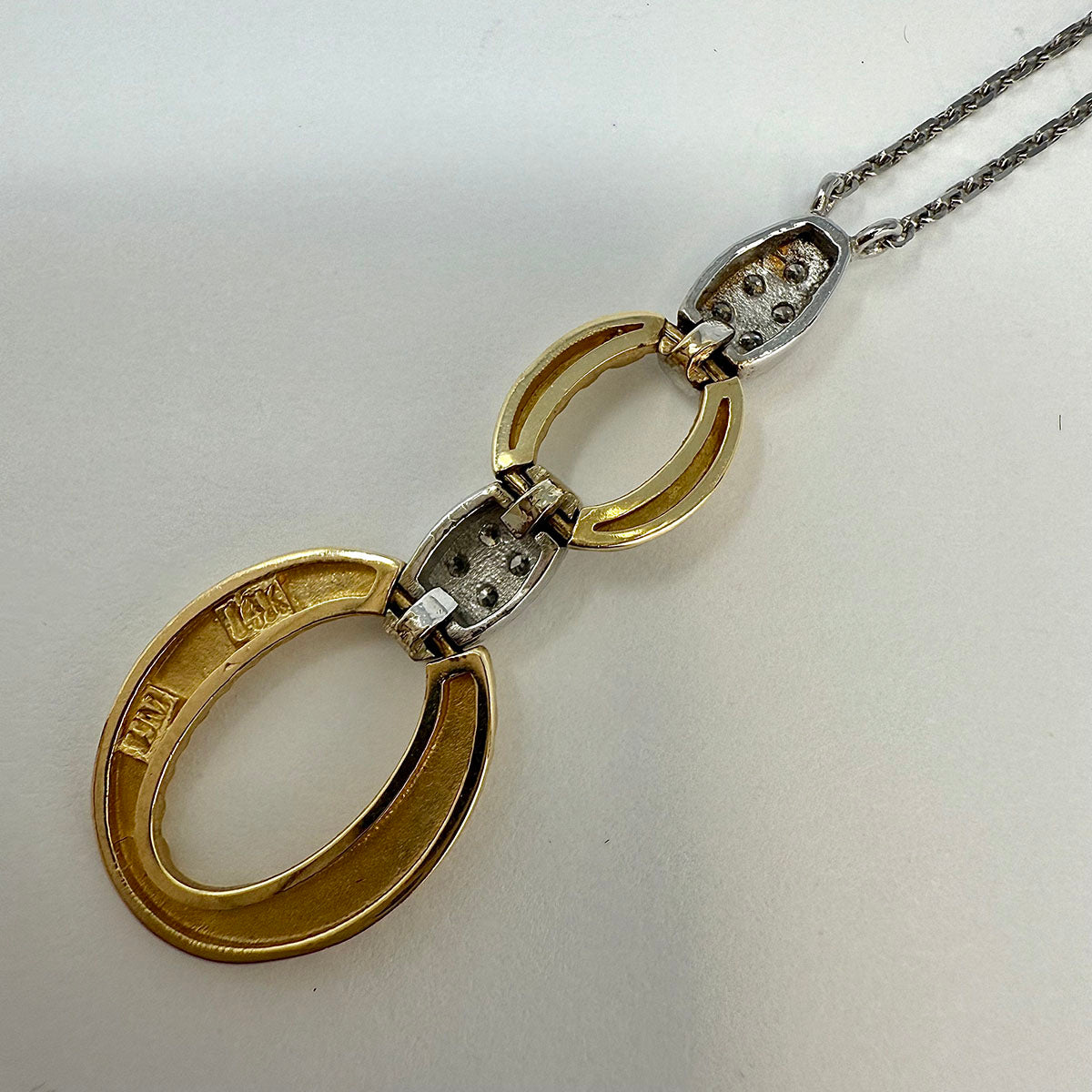 14K White Gold Necklace with Double 14K Yellow Gold Oval Pendant with Diamonds