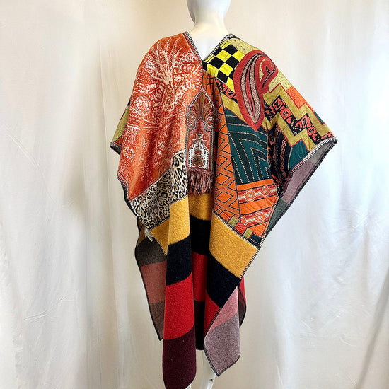Etro Multi Print Patchwork Wool Blend Poncho