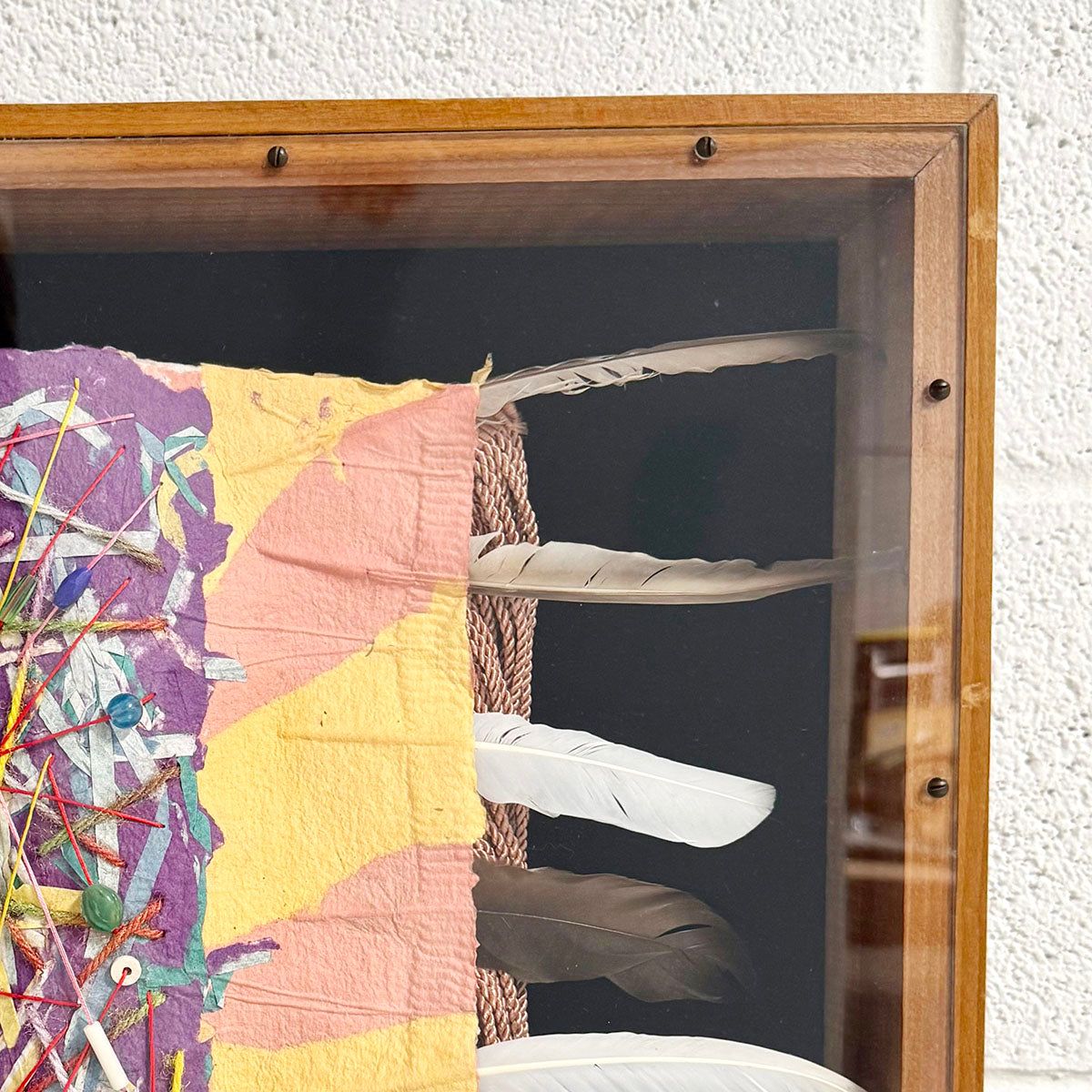 Mixed Media Textile Art with Feathers, Signed and Dated on Reverse