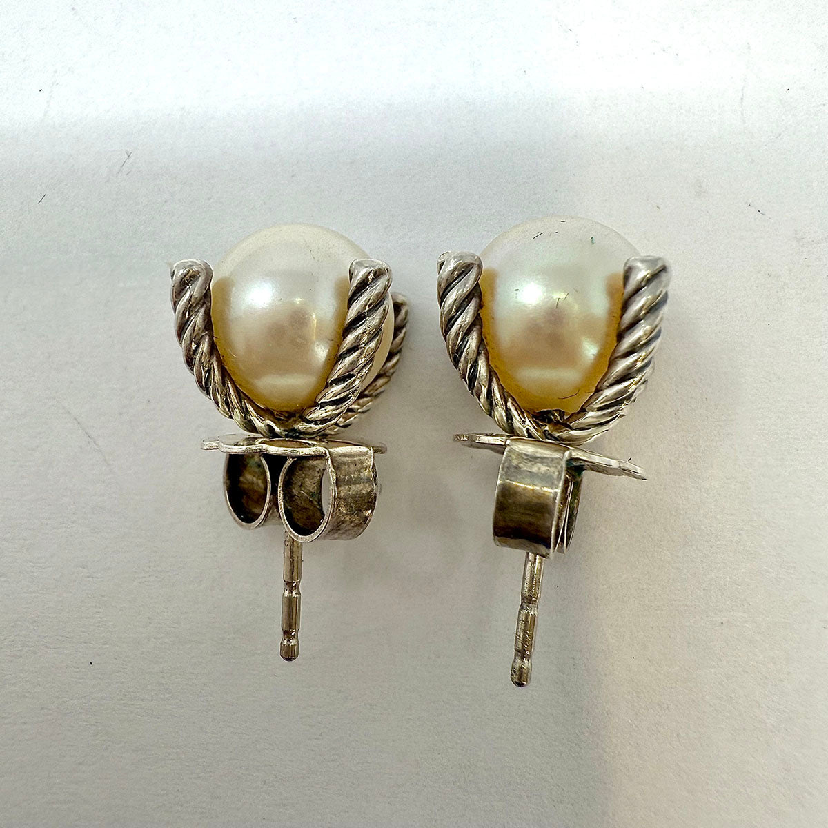 David Yurman Sterling Silver Pearl and Diamond Cable Stud Earrings