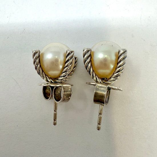 David Yurman Sterling Silver Pearl and Diamond Cable Stud Earrings