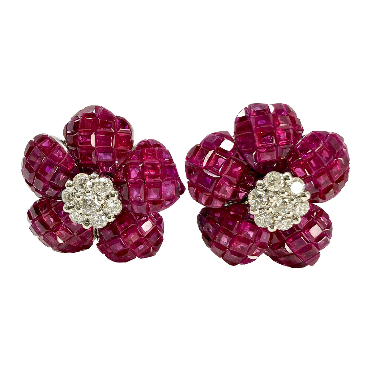 18K White Gold  Floral Earrings with Ruby and Diamond