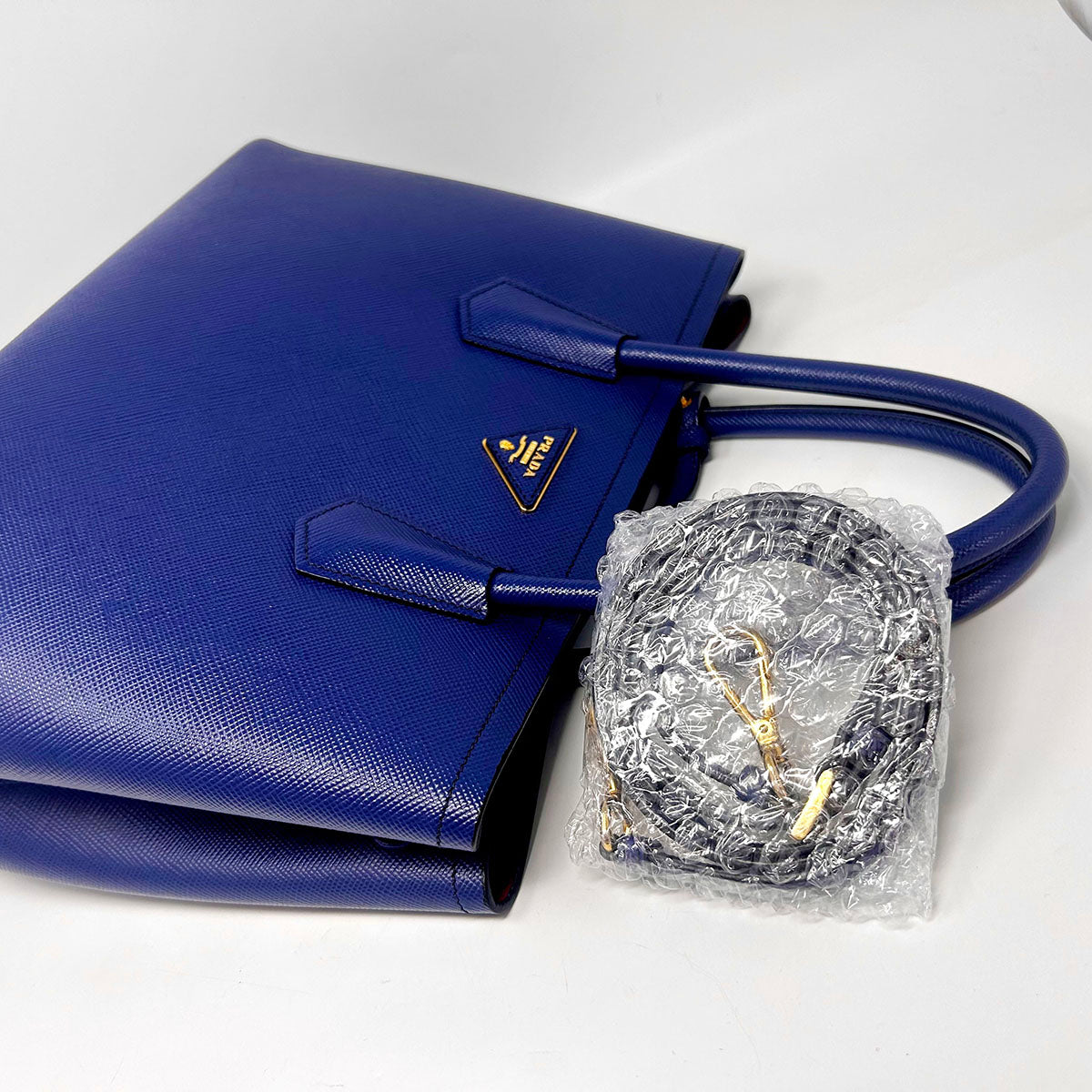 Prada Saffiano Cuir Double Bag with Gold-tone Hardware, Rolled Handlea, Open Top