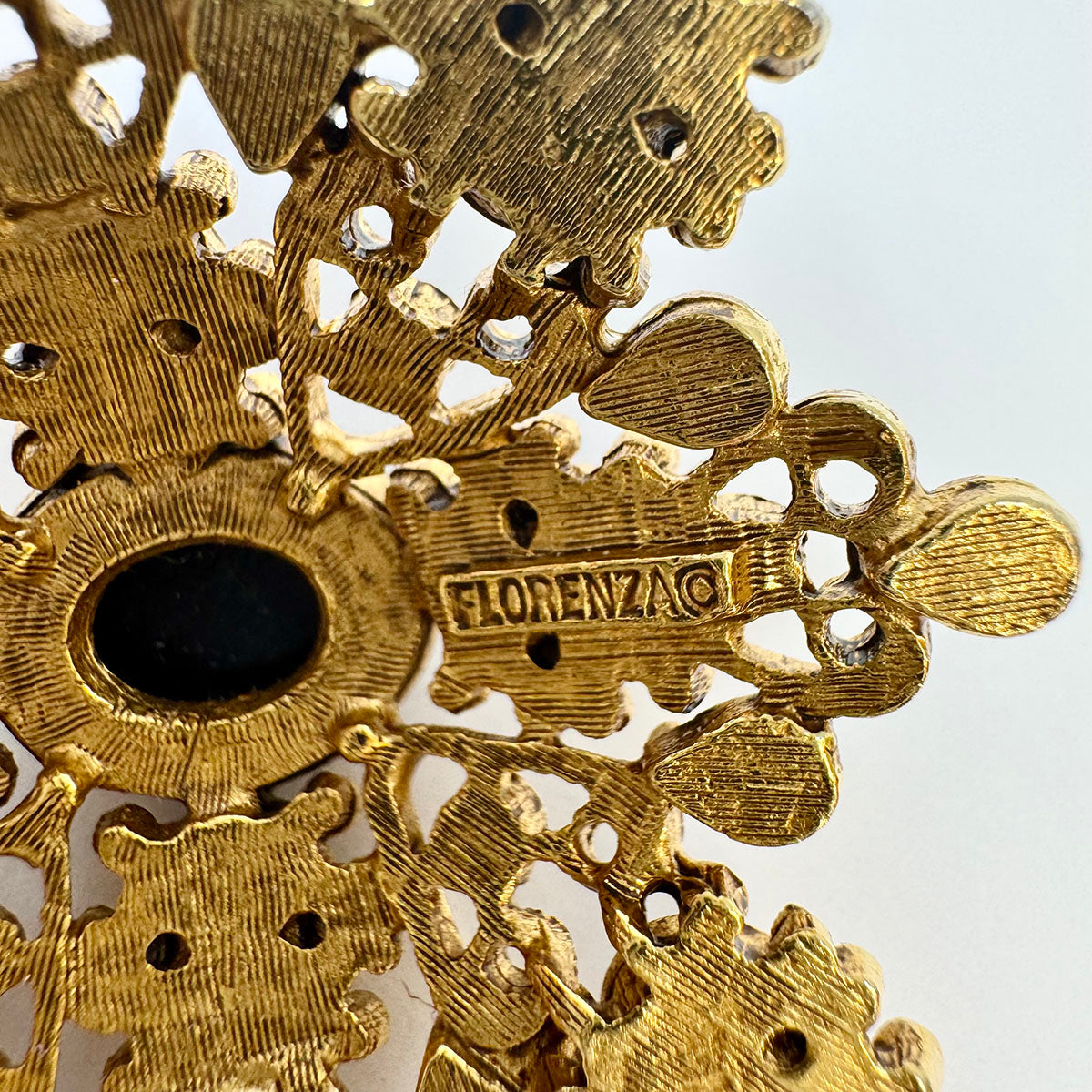 Florenza Ornate Gilded Brooch with Onyx and Pearl Accents