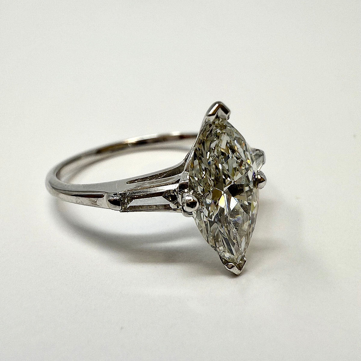 14K White Gold Ring with Marquise and 2 Baguette Diamonds