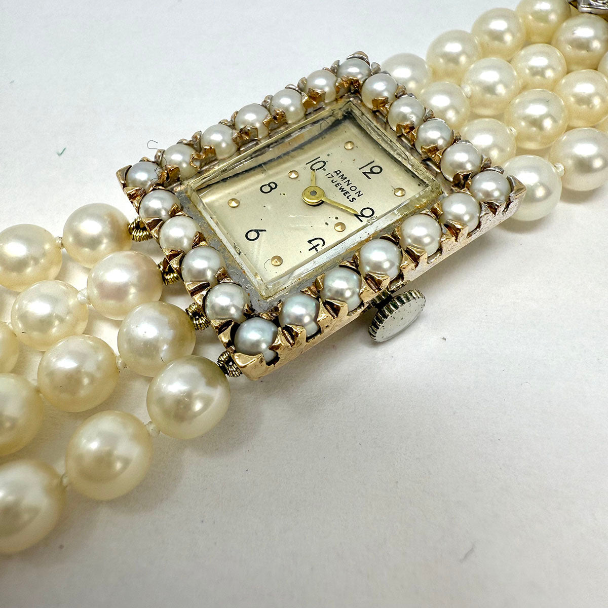 Amnon 17 Jewel Watch with 4 Strand Pearl Strap and Diamonds