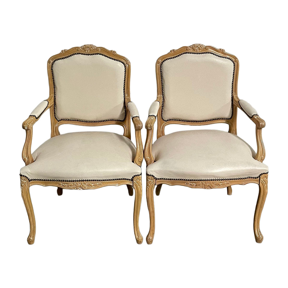 Pair of French-Style Leather Chairs With Nail Head Accents