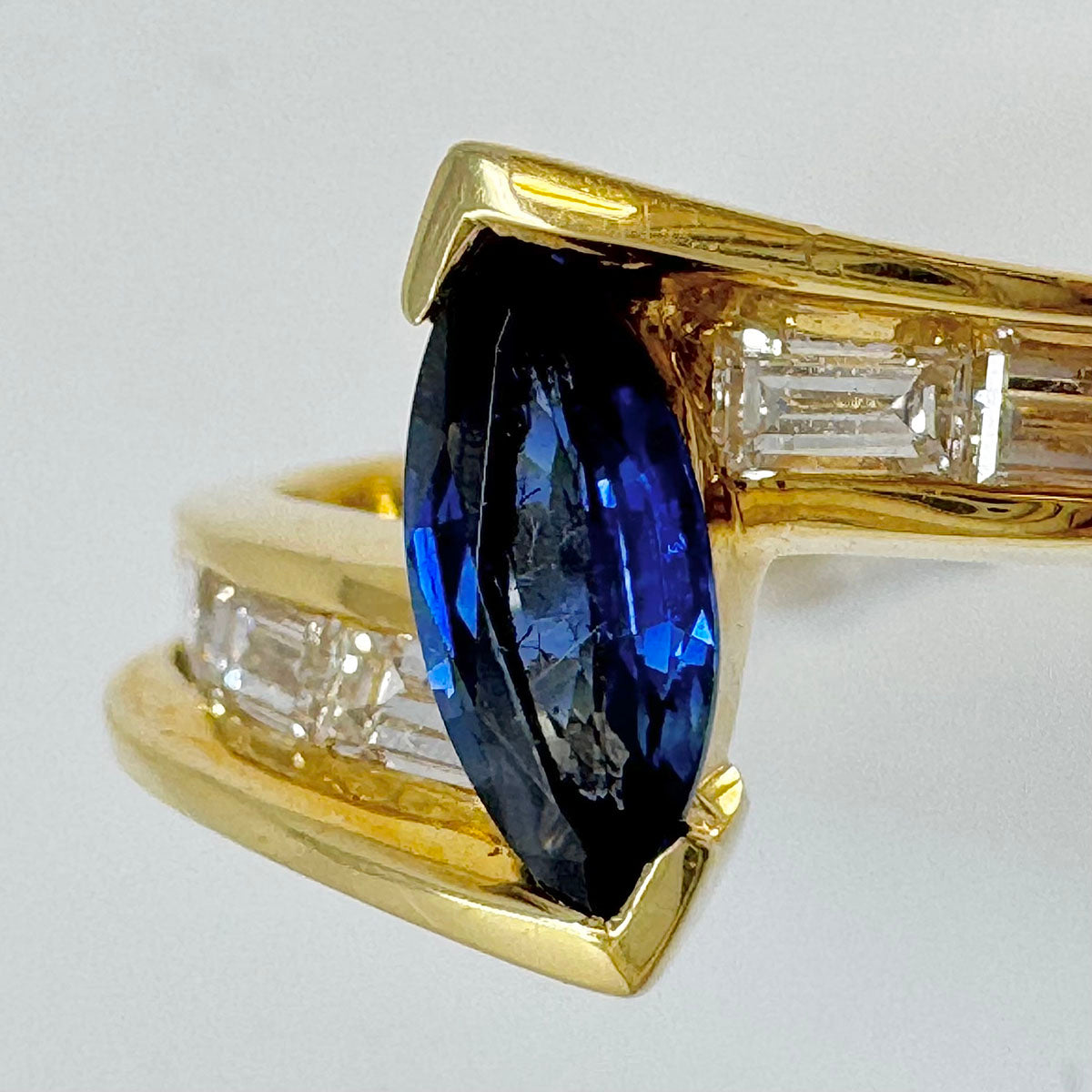 Armand Jacoby 18K Gold Ring with 6 Baguette Diamonds and Sapphire