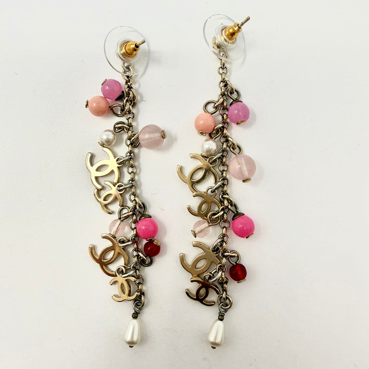 Chanel Pink Dangling Faux Pearl Drop Earrings