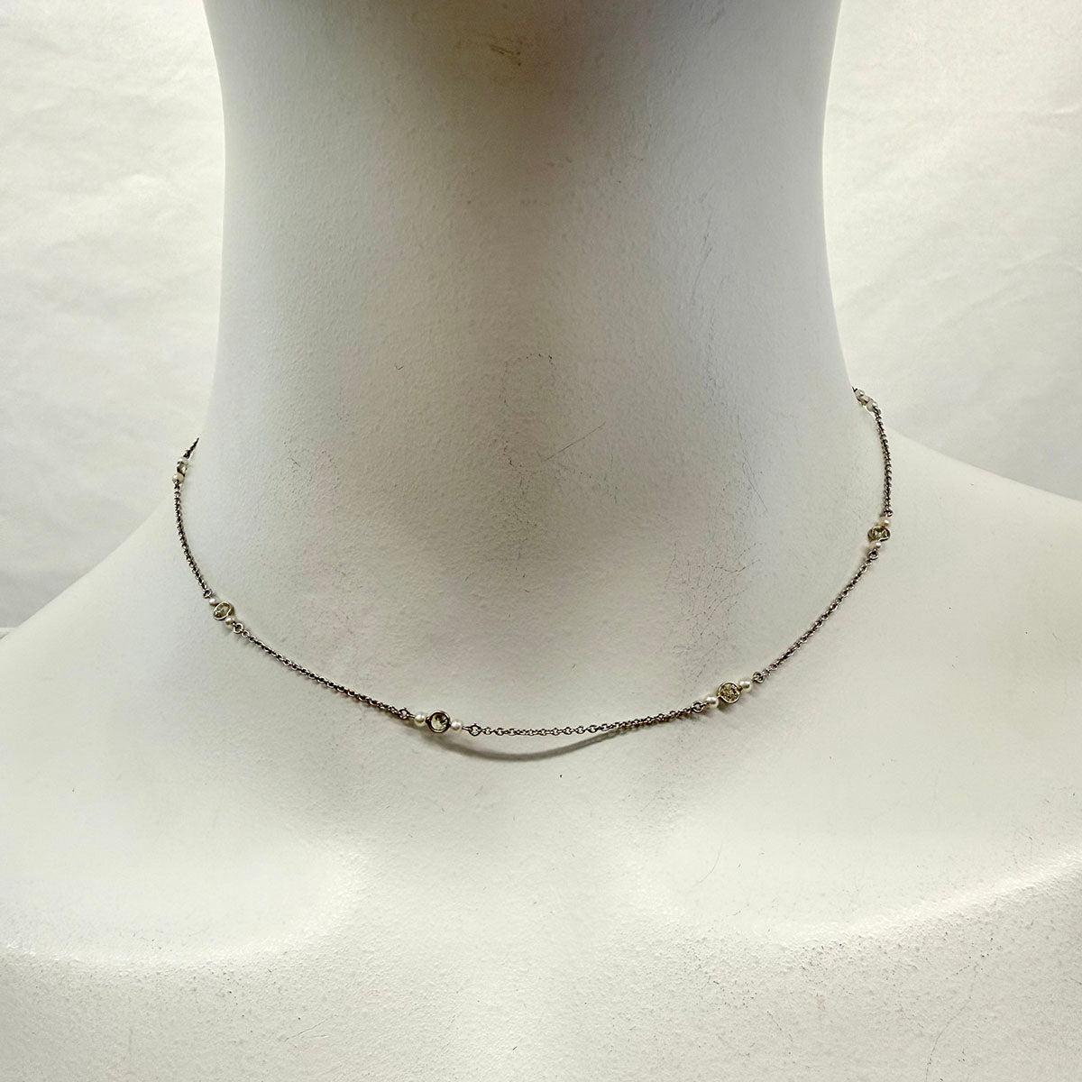 Platinum Necklace with 9 Round Bezel Set Diamonds and 18 Small Cultured Pearls