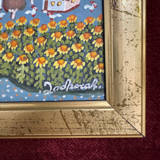 "Folk Art Scene with Goats and a Village" Signed