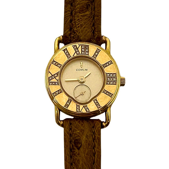 Corum 18K Gold Watch with Roman Numerals and Tan Ostrich Strap