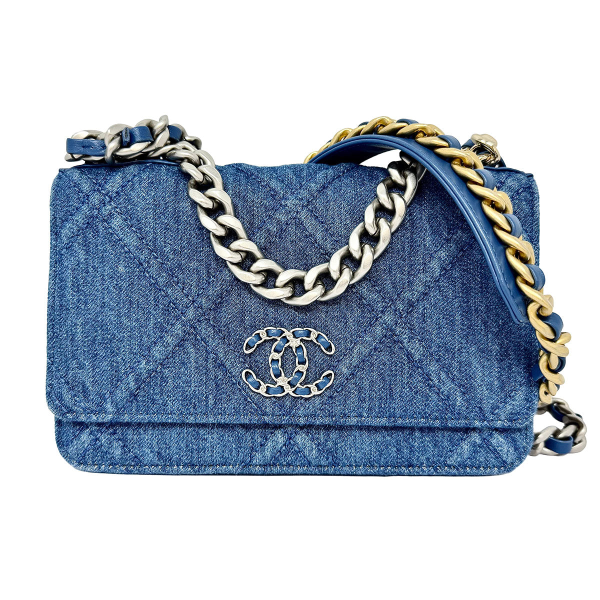 New Chanel 19 Denim Quilted Wallet on the Chain