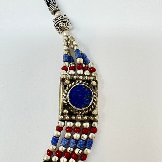 Tribal Red and Blue Inlay Silver Choker Necklace