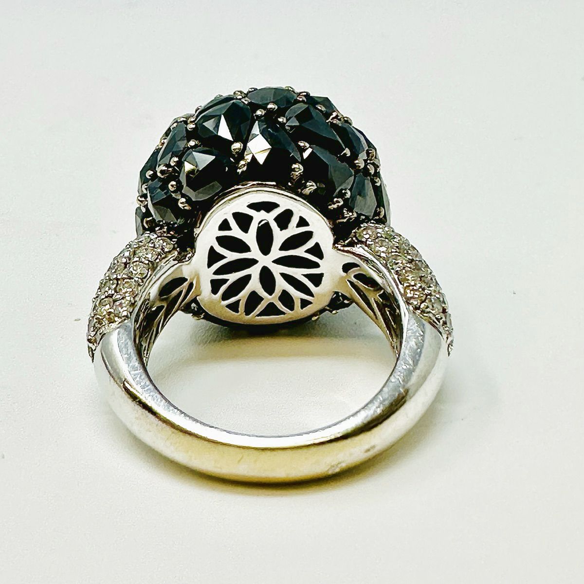 18K White Gold  Diamond Dome  Ring With Black and Clear Diamonds