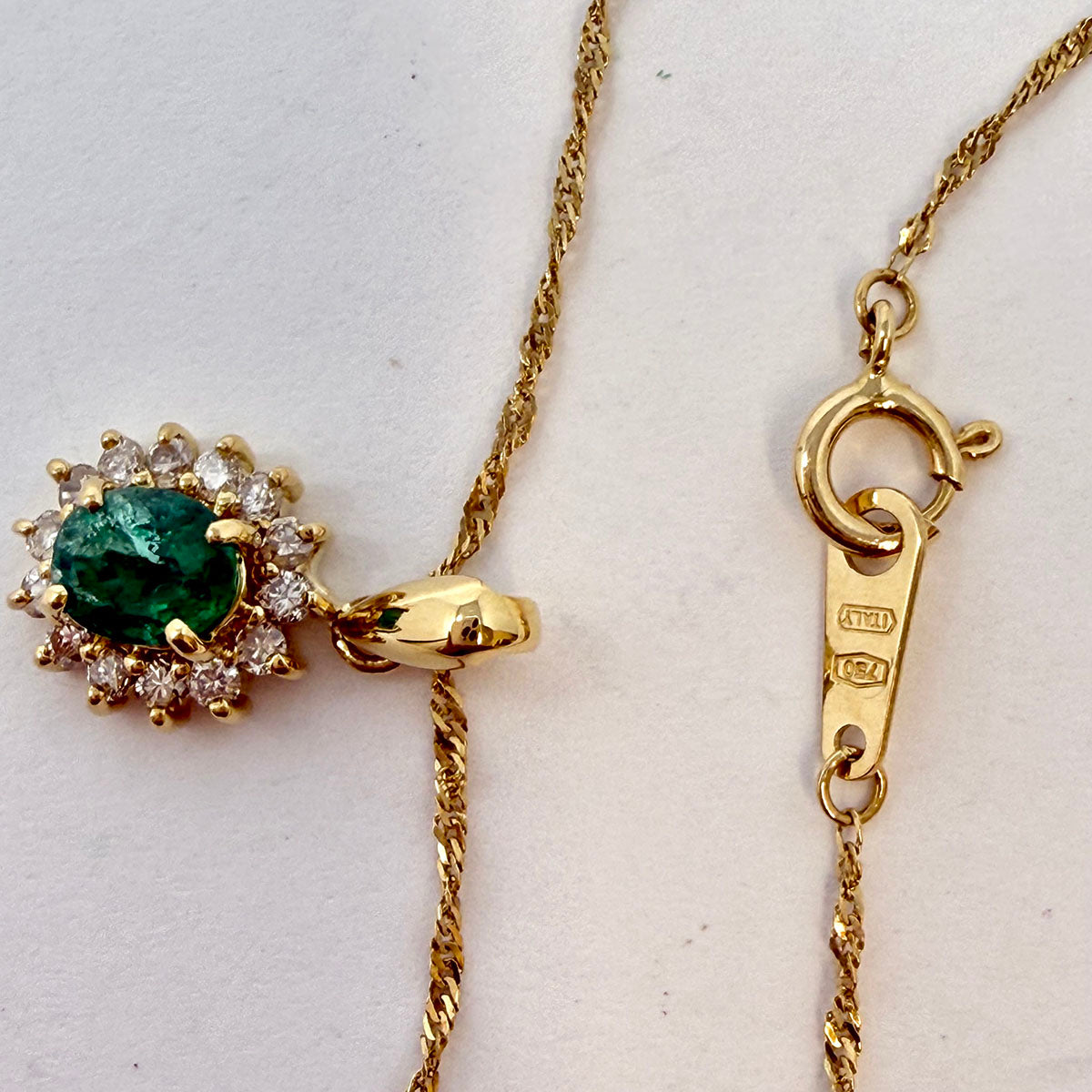 14K Gold Necklace with Emerald and Diamond Pendant