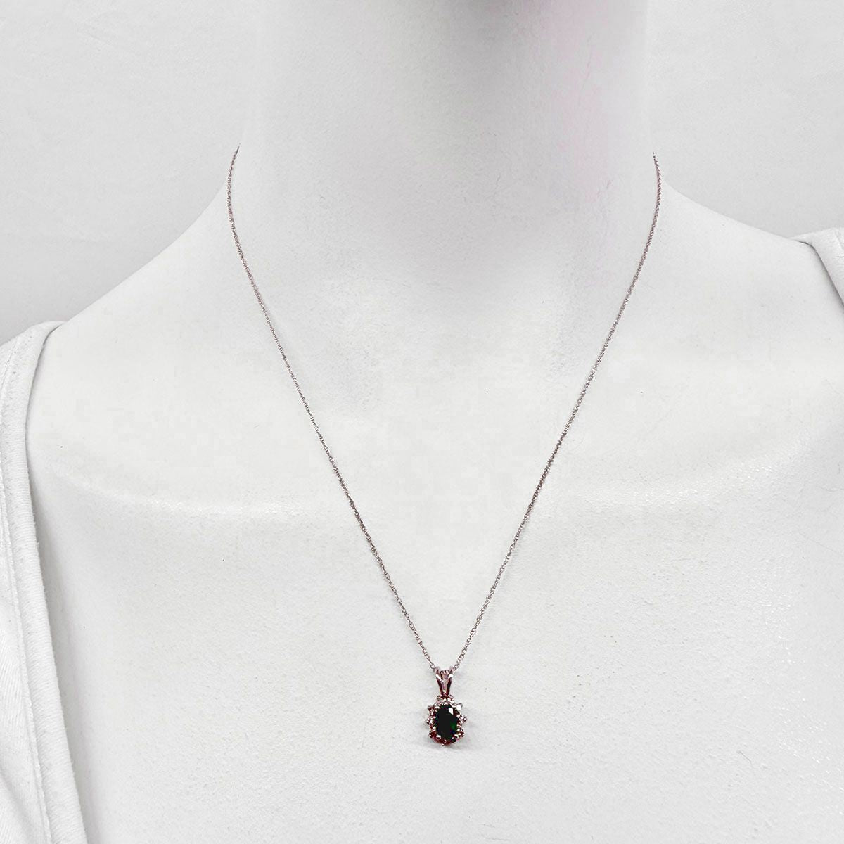 14K White Gold Necklace with Emerald and Diamond Pendant
