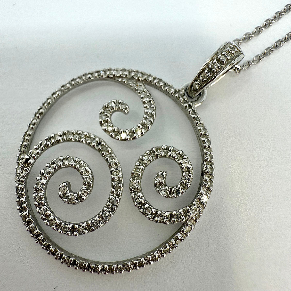 14K White Gold Diamond Swirl Pendant Necklace