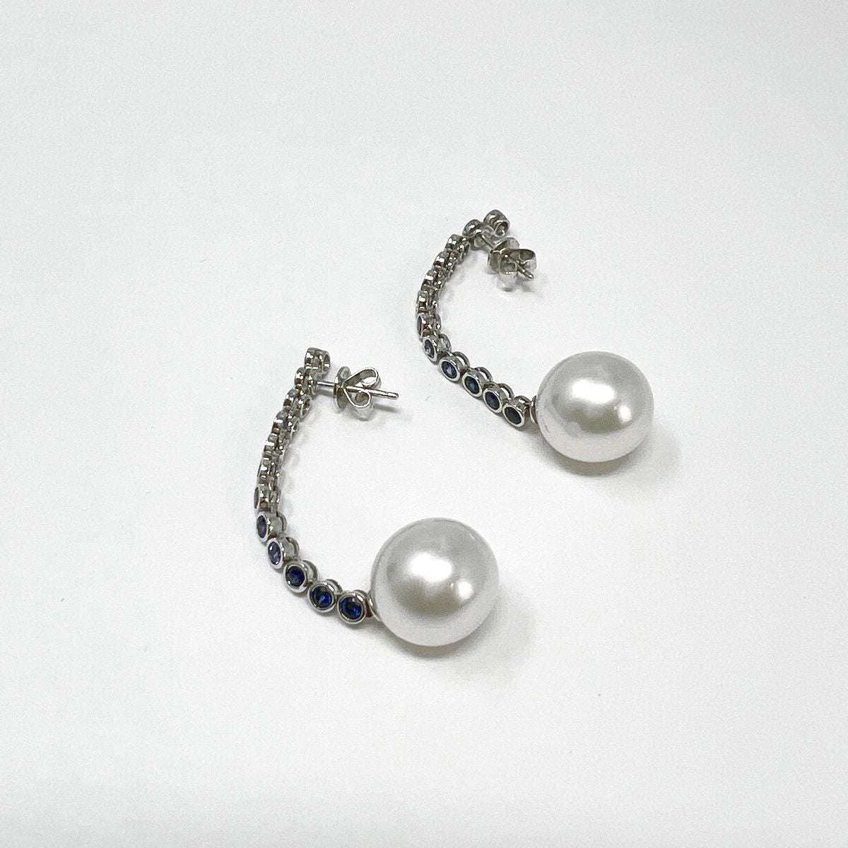 18K White Gold Drop Earrings with Sapphire and South Sea Pearl