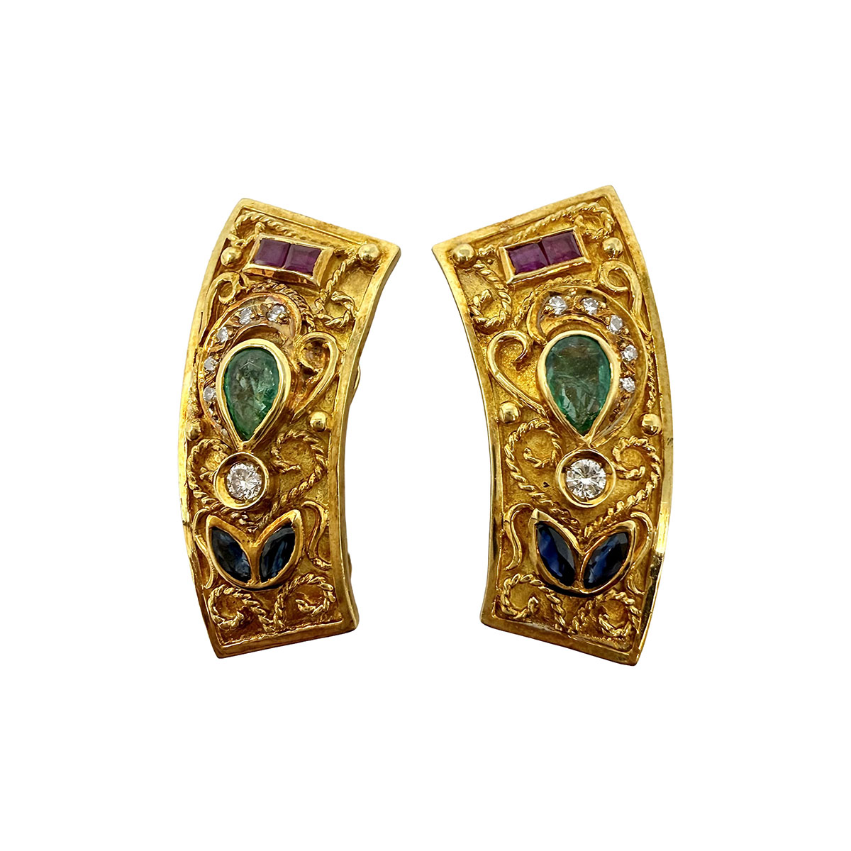 18K Gold Byzantine Earrings with Diamond, Ruby, Emerald and Sapphire