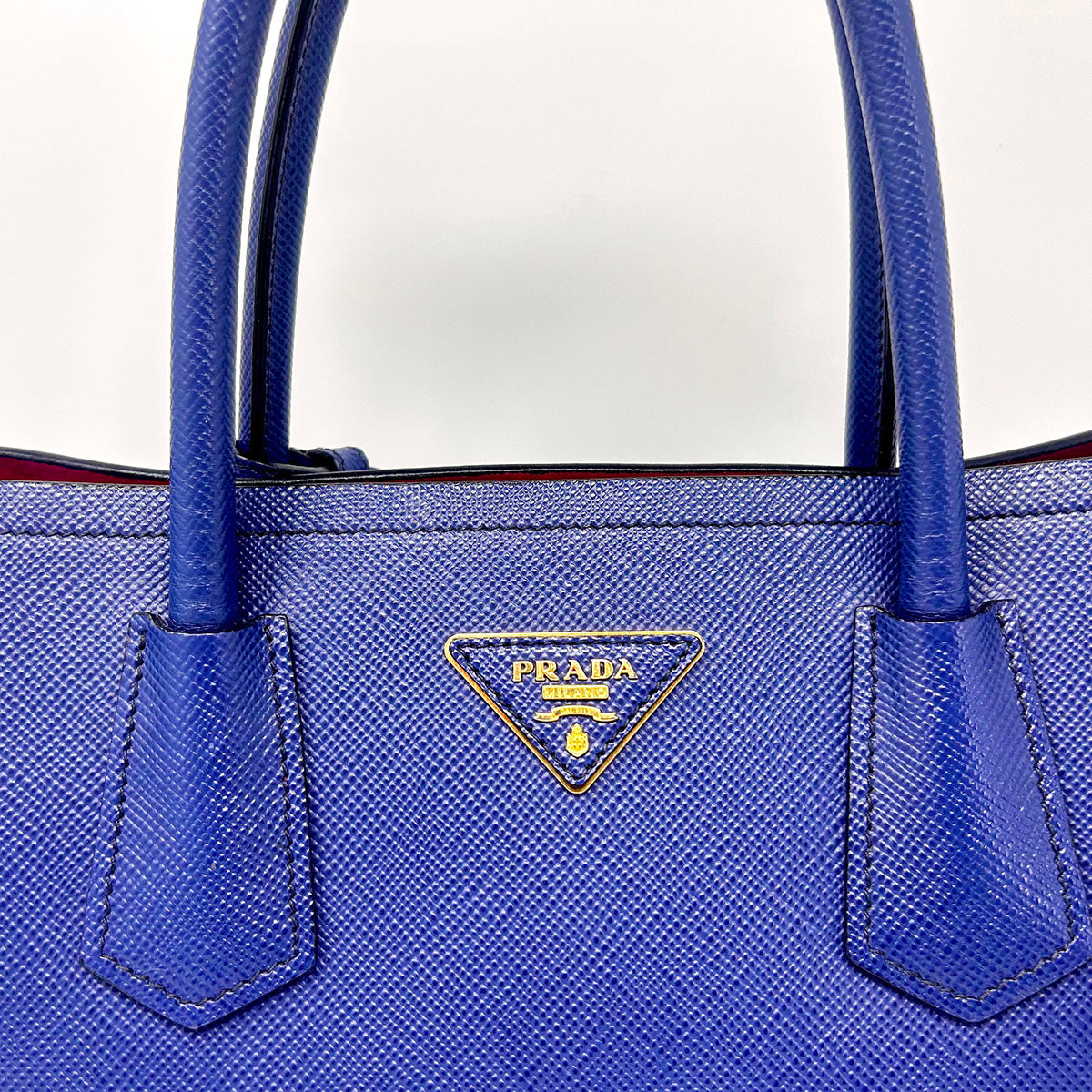 Prada Saffiano Cuir Double Bag with Gold-tone Hardware, Rolled Handlea, Open Top