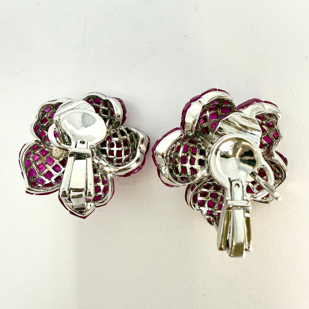 18K White Gold  Floral Earrings with Ruby and Diamond