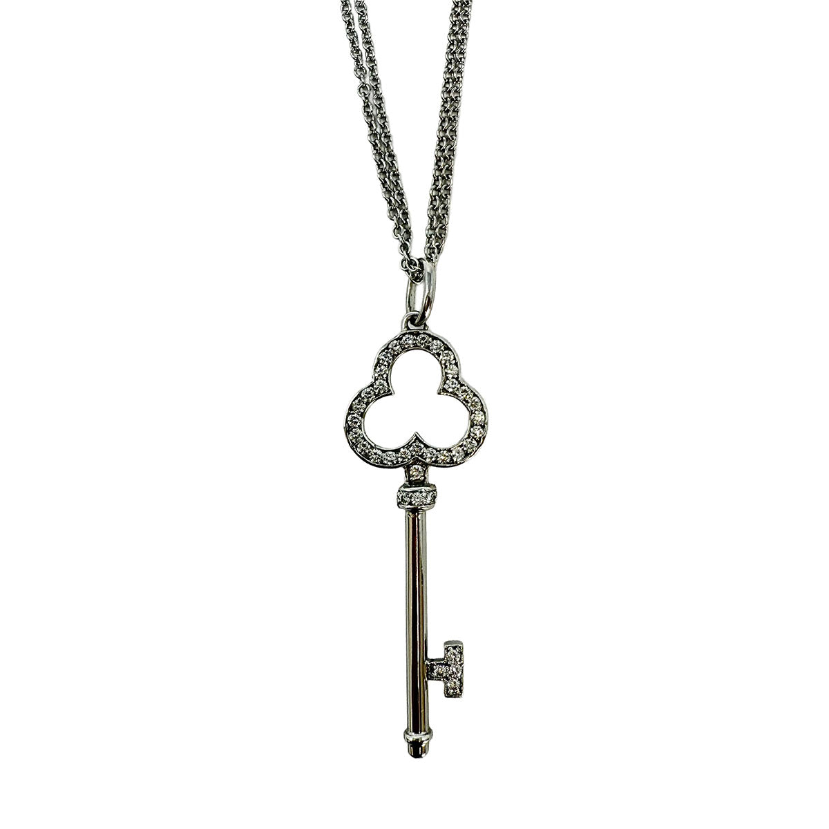 14K White Double Chain Necklace with 18K White Gold Diamond Key Pendant