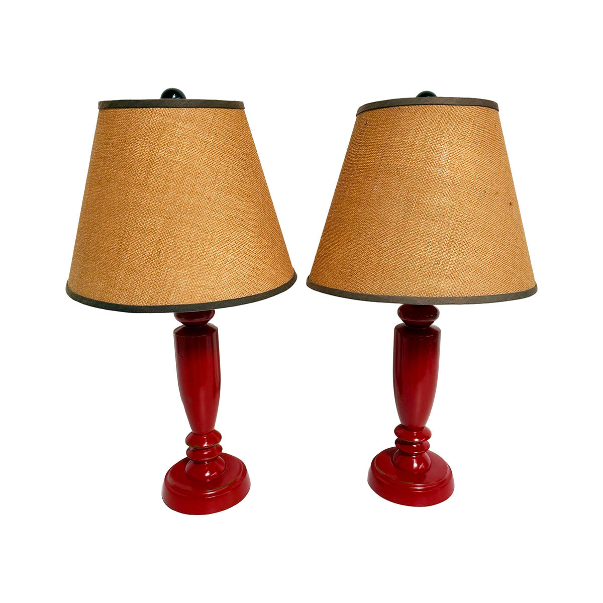 Pair of Rustic Red Lamps with Burlap & Silk Shade