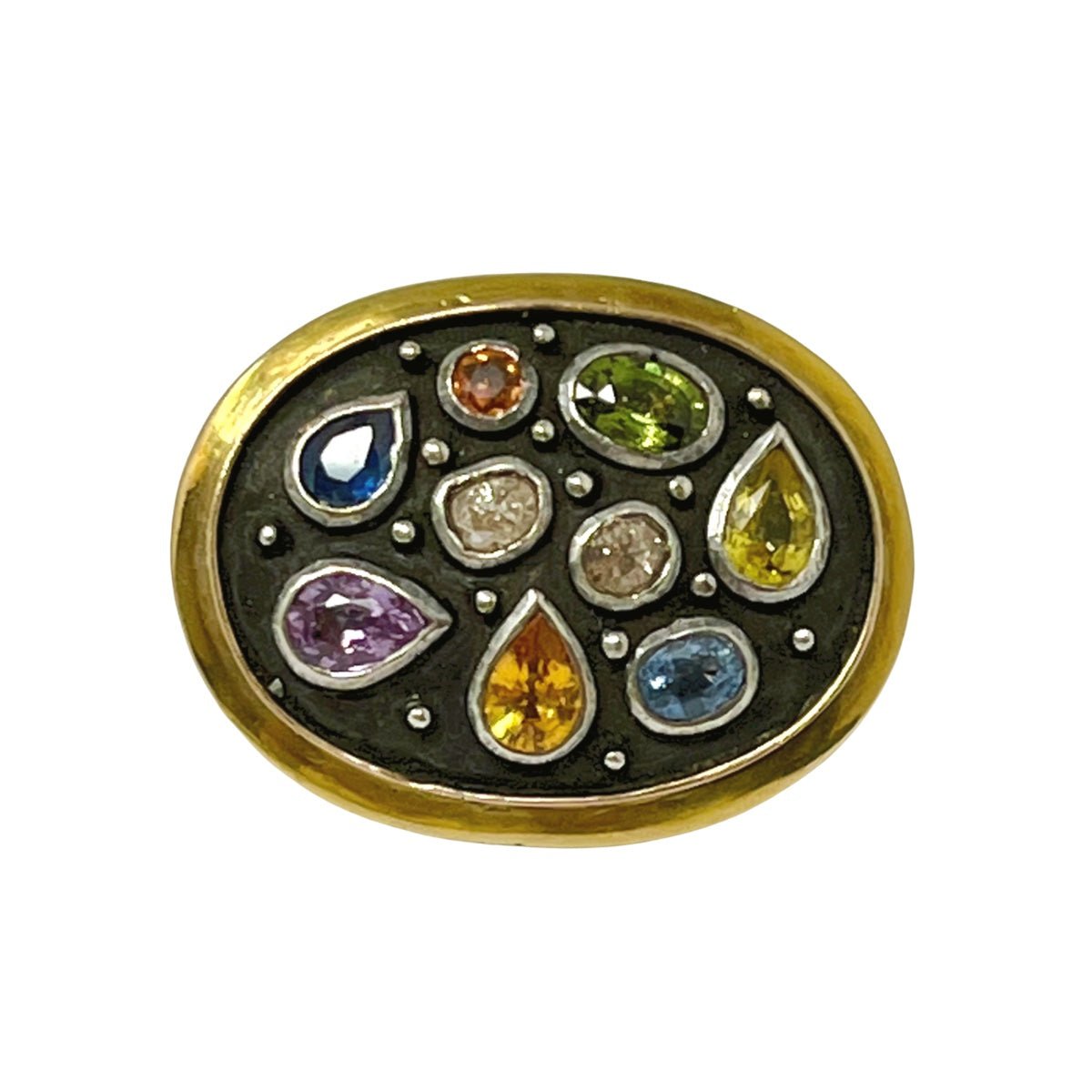Sutra Silver on 14K Gold Vintage Rose Cut Diamond and 7 Multicolored Stone Ring