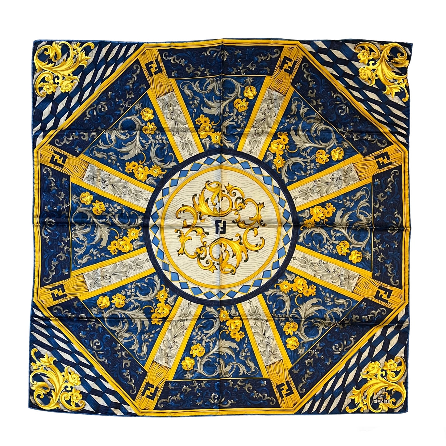 Fendi Navy and Yellow  Silk Scarf