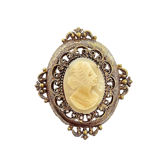 Florenza Signed Gold-tone Filigree Shell Cameo Pin