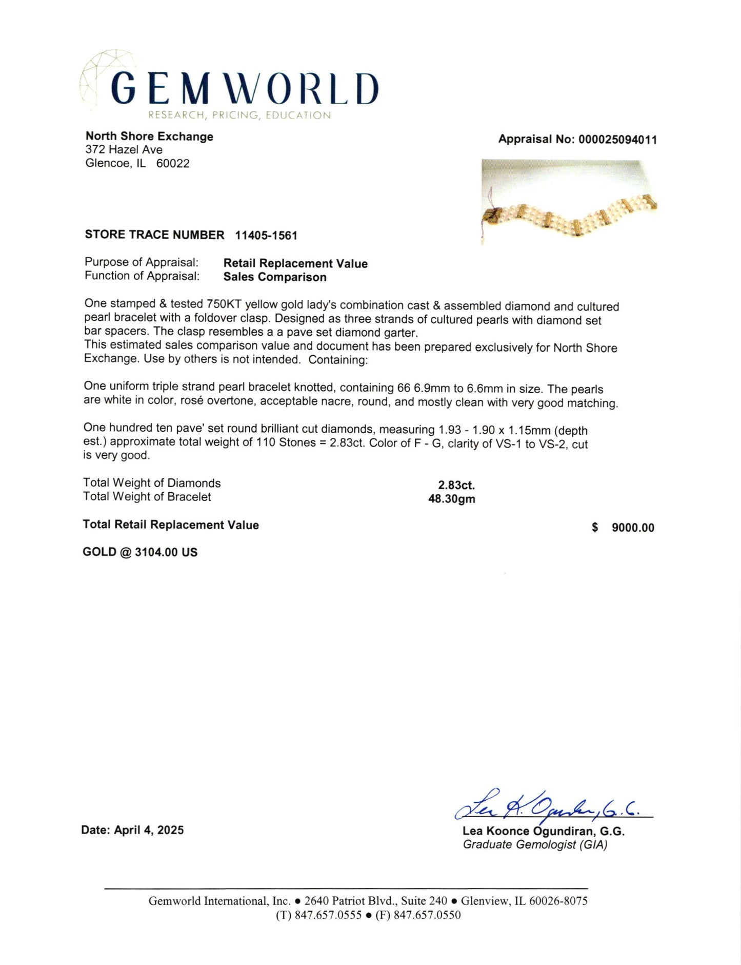 3 Strand Pearl Bracelet with 18K Gold Clasp and Diamonds