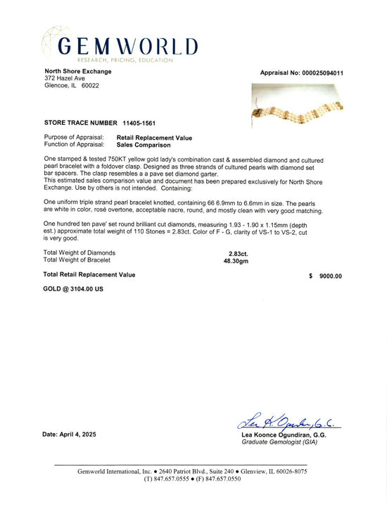 3 Strand Pearl Bracelet with 18K Gold Clasp and Diamonds