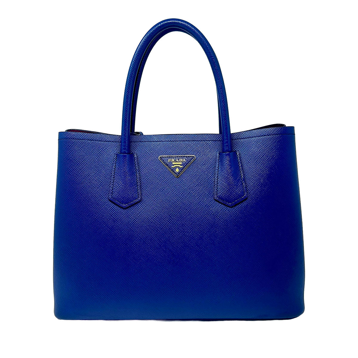 Prada Saffiano Cuir Double Bag with Gold-tone Hardware, Rolled Handlea, Open Top