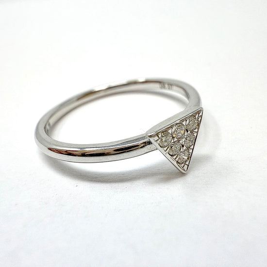 14K White Gold Ring with Triangular Shaped Pave Diamond Embellished Center Piece
