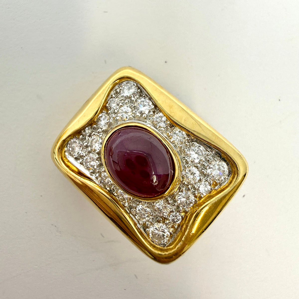 18K Gold Rectangular Clip-on Earrings with Oval Cabochon Ruby