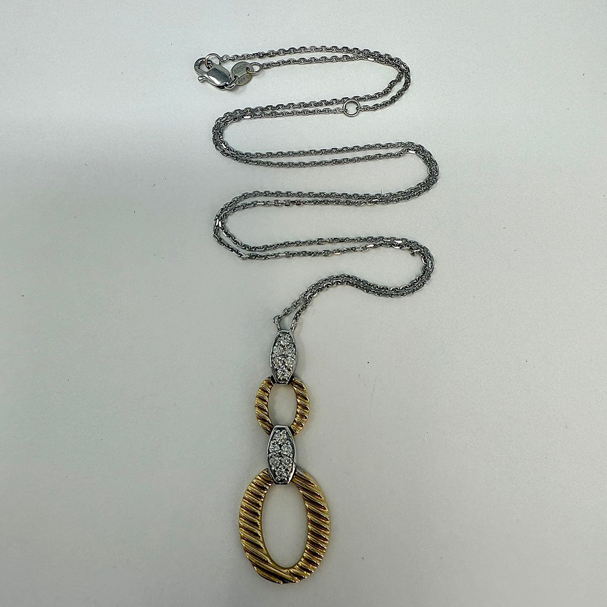 14K White Gold Necklace with Double 14K Yellow Gold Oval Pendant with Diamonds