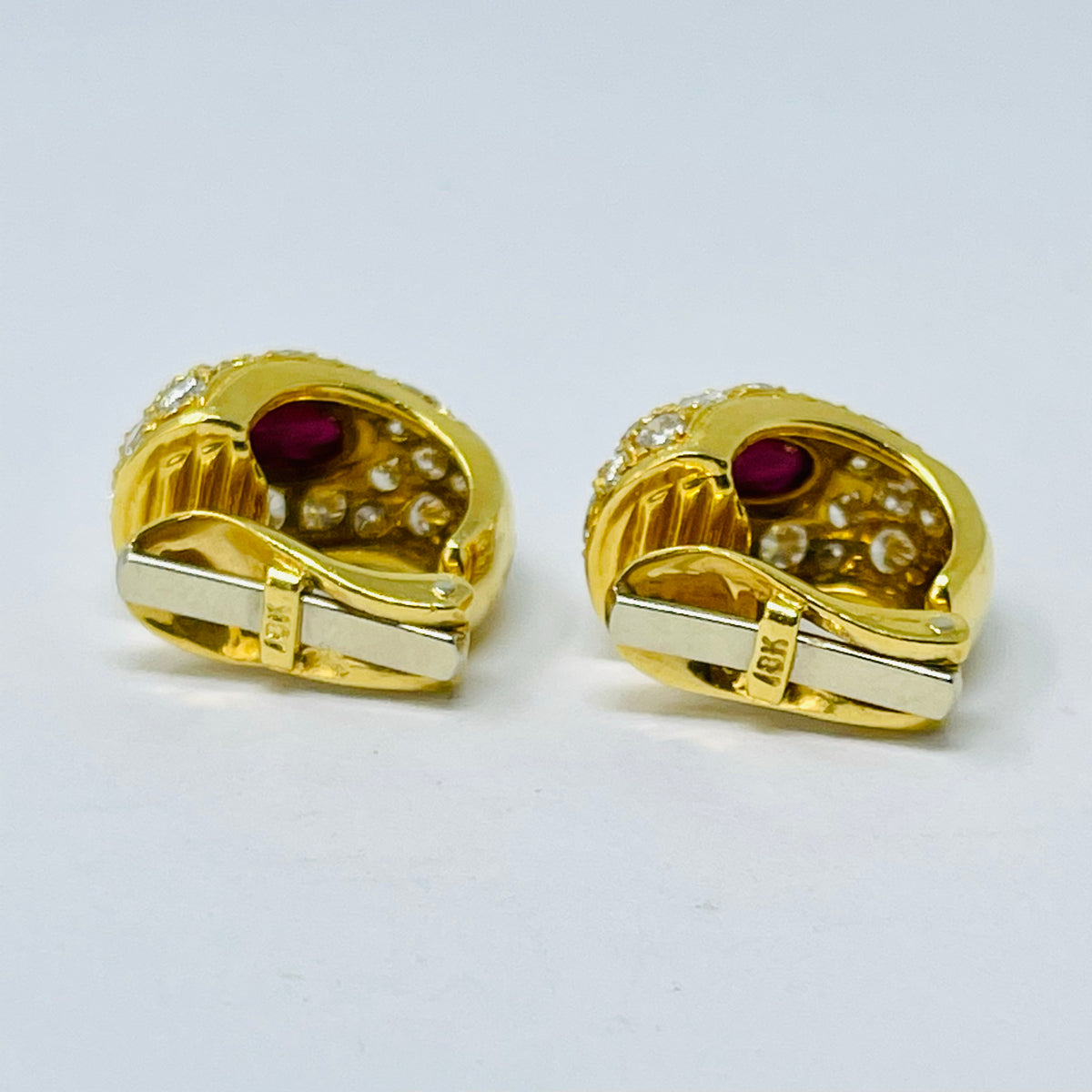 18K Gold Huggie Clip-on  Earrings with Oval Rubies and Brilliant Cut Diamonds