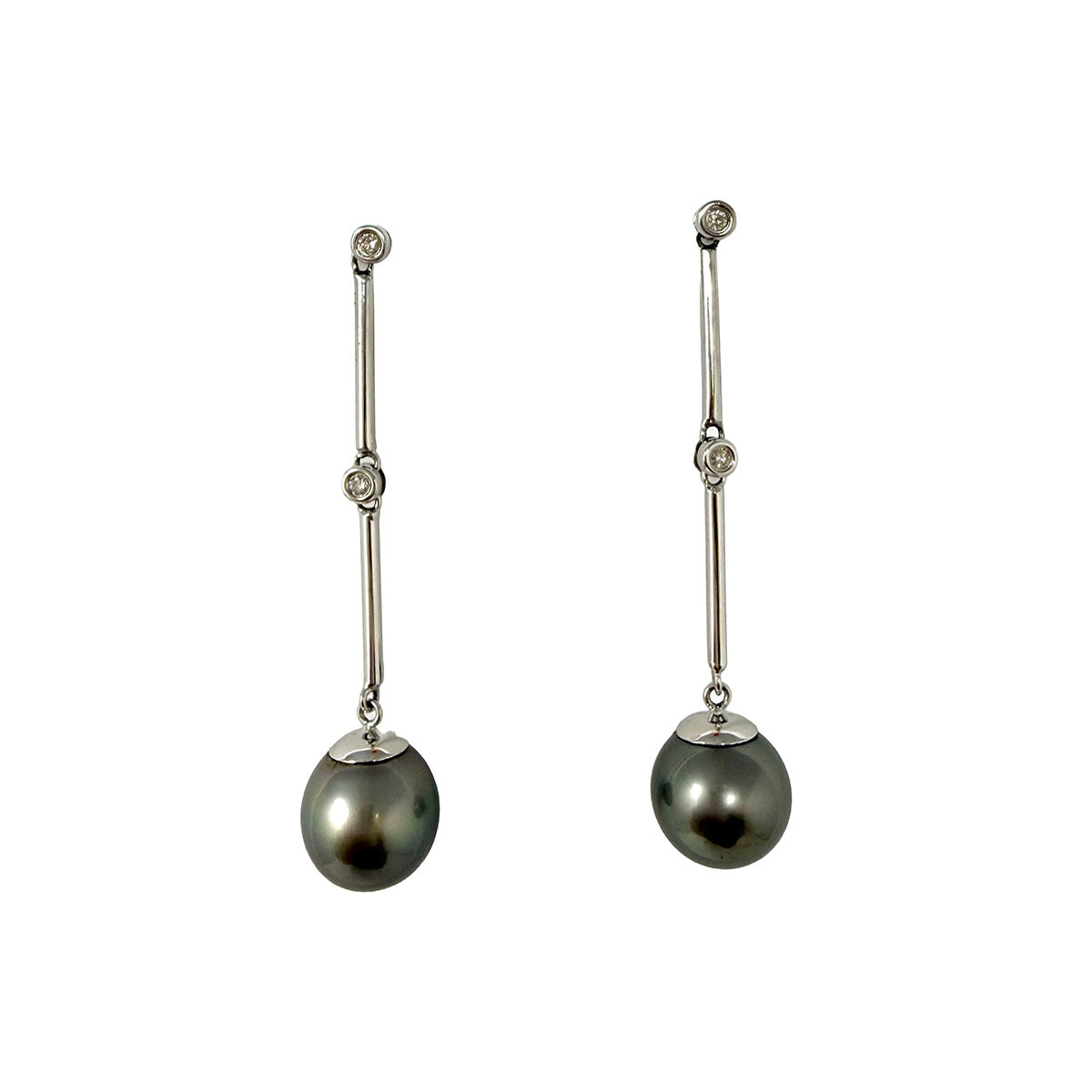 14K White Gold Linear Drop Earrings with Tahitian Pearl and 4 Bezel Set Diamonds