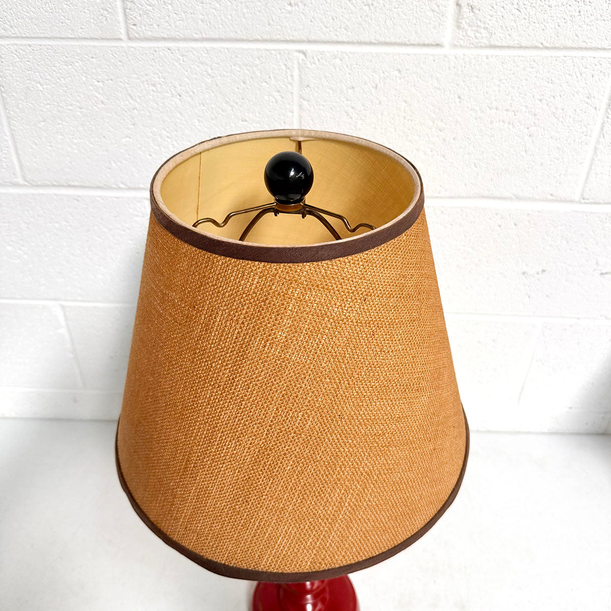 Pair of Rustic Red Lamps with Burlap & Silk Shade