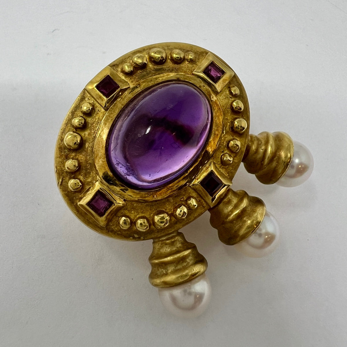 18K Gold Earclip with Amethyst, Ruby and Akoya Pearls
