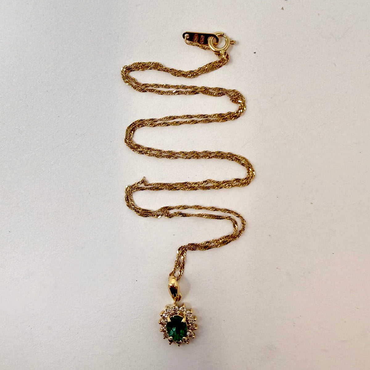 14K Gold Necklace with Emerald and Diamond Pendant