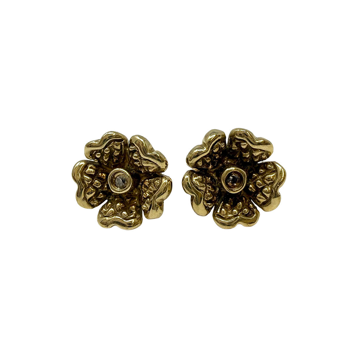 14K Gold Flower Stud  Earrings with Diamond
