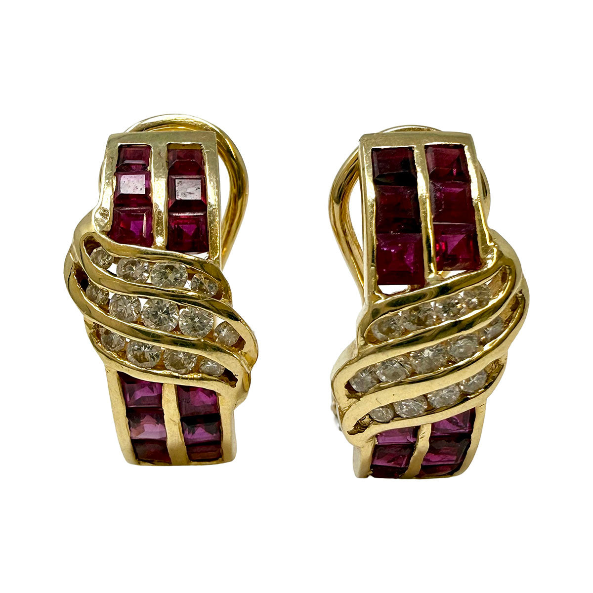 Gold Huggie Earrings with Ruby and Diamonds